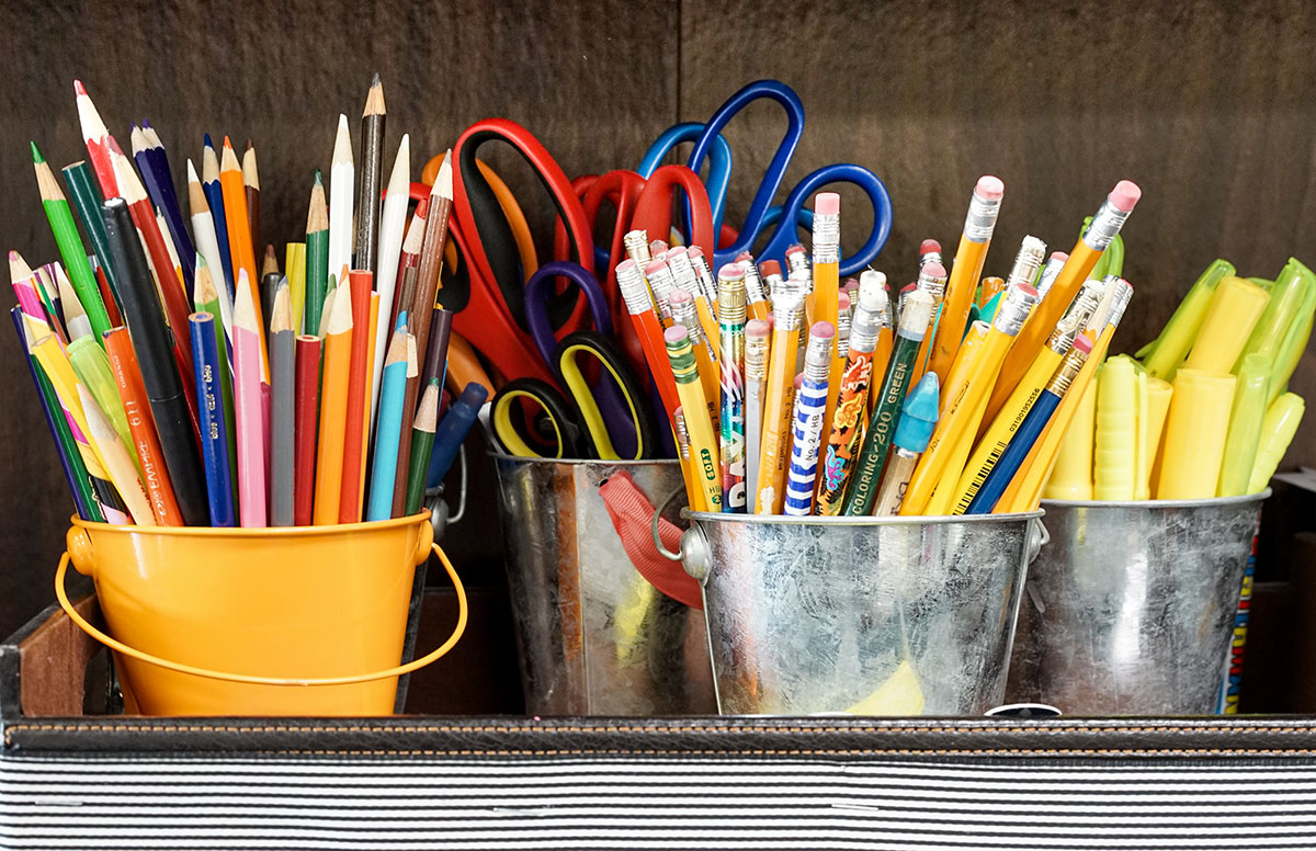 school supplies in buckets